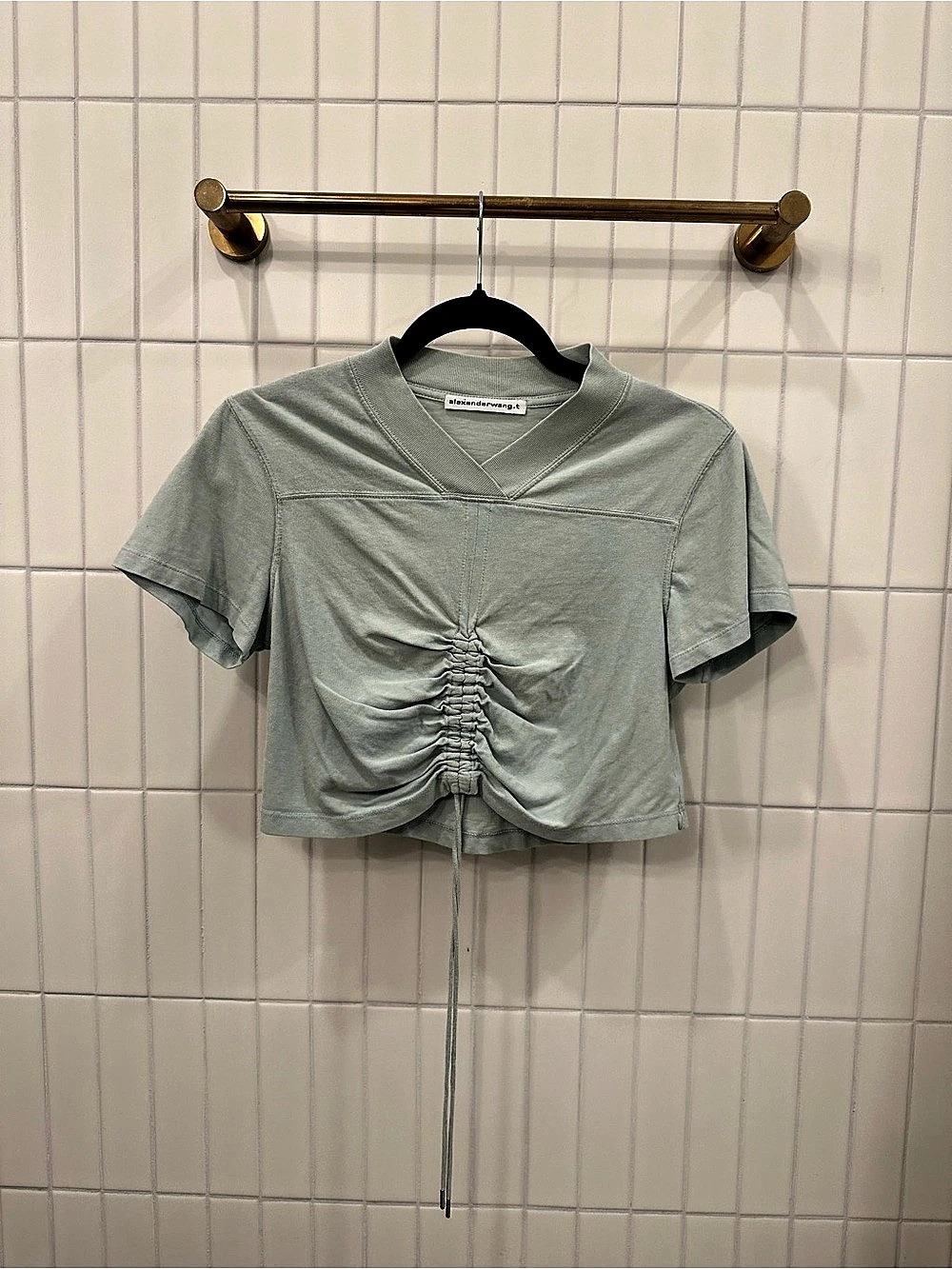 T by Alexander Wang Ruched Crop Top in Dusty Blue Green